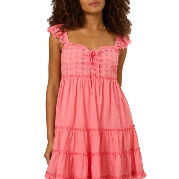 ALTAR'D STATE Dress Tiered Ruffled Ruched Pinafore Back Tie Bow Peach Coral NWOT - Picture 10 of 16